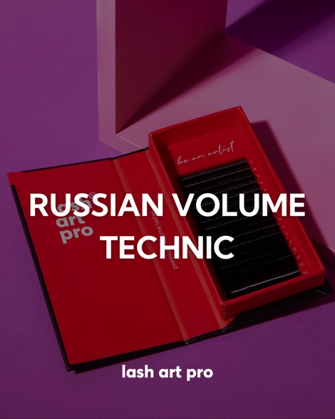 A red box of eyelash extensions, labeled Russian Volume Technic, is open against a purple and pink background.